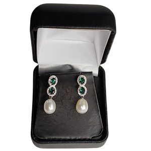 925S Green Gemstones Stud‎ Earrings With Cultured Freshwater Pearl and Zirconia